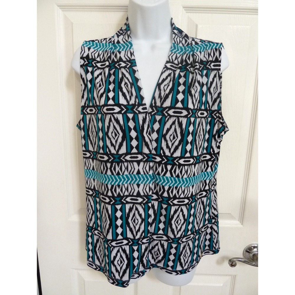 Calvin Klein Womens Large Aqua Black White Argyle Diamond Print Blouse NWOT